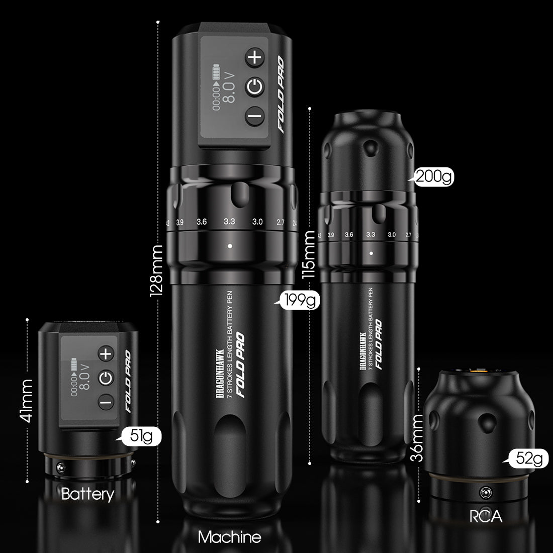 Dragonhawk Wireless Tattoo Pen Machine with 7 Stroke Length With 2 Batteries | Fold Pro